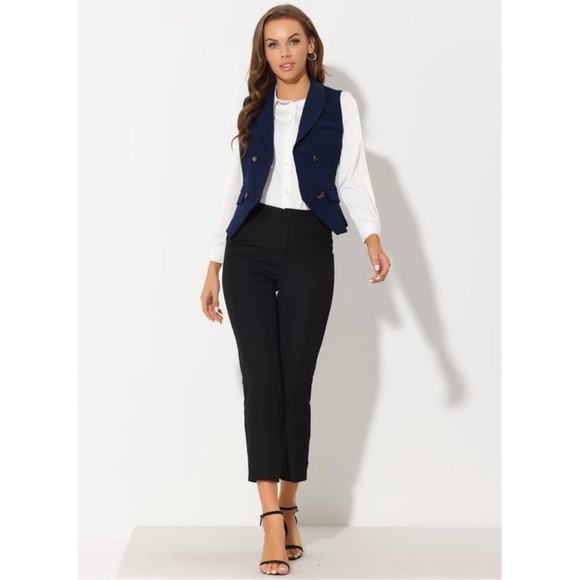 Women's Lapel Collar Dressy Versatile Racerback Waistcoat Suit Vest Dark Blue L - Picture 3 of 5